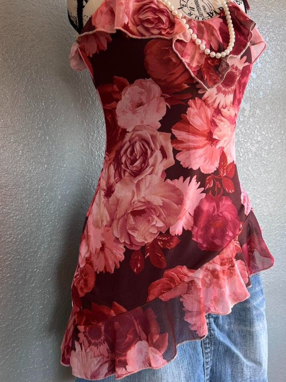 Y2K Pink Red Floral Asymmetrical Ruffle Halter Top | Tie Straps